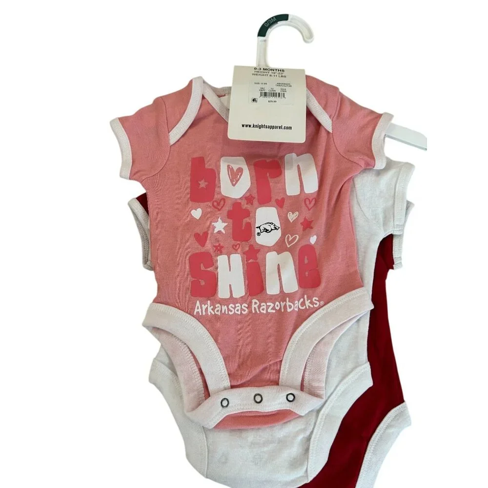 NWT NCAA Arkansas Razorbacks Infant Girls' 3pk Bodysuit - 0-3M: Snap Closure